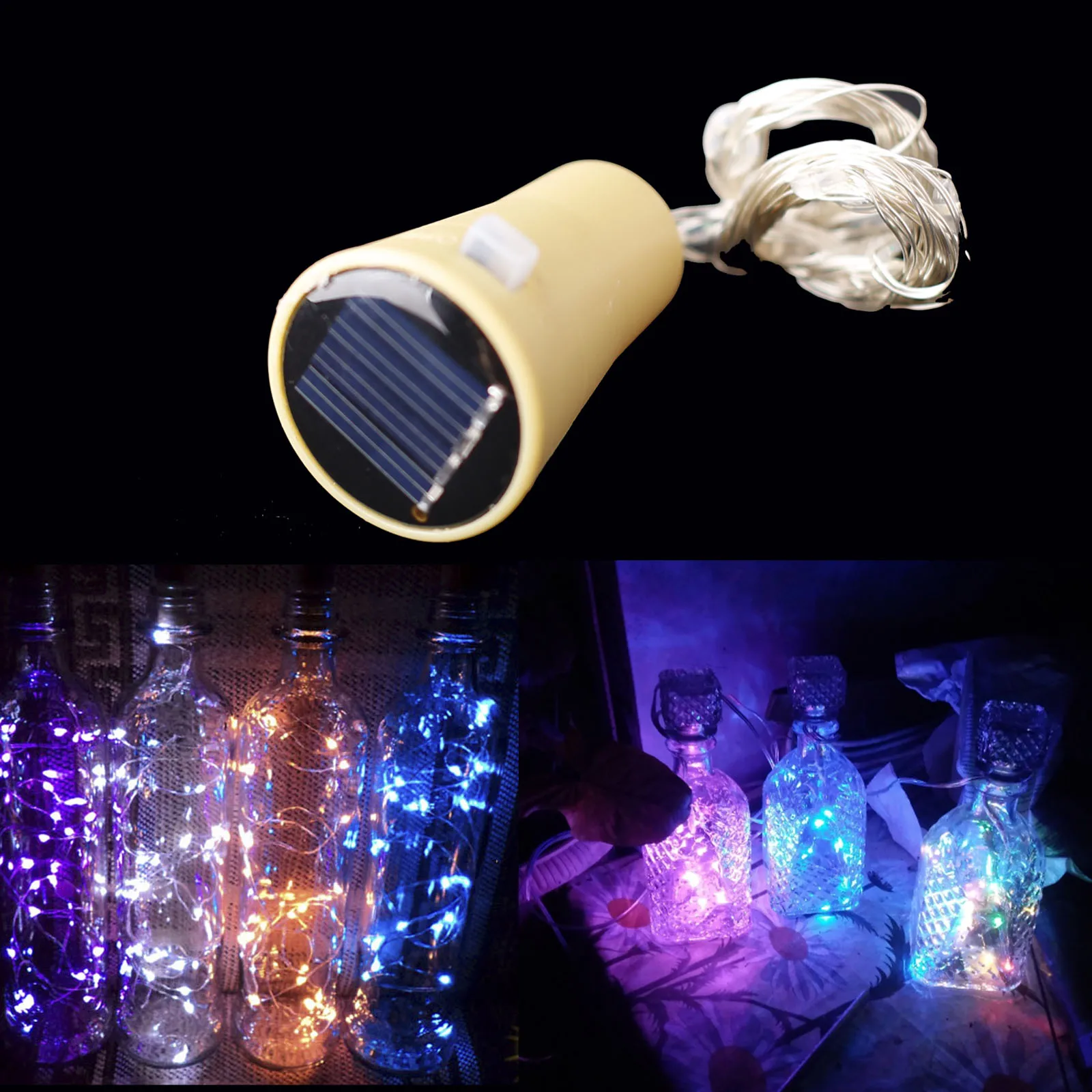 10led 15led 20led solar garrafa de vinho luzes forma cortiça fadas guirlanda natal luz fio cobre casa decoração da lâmpada