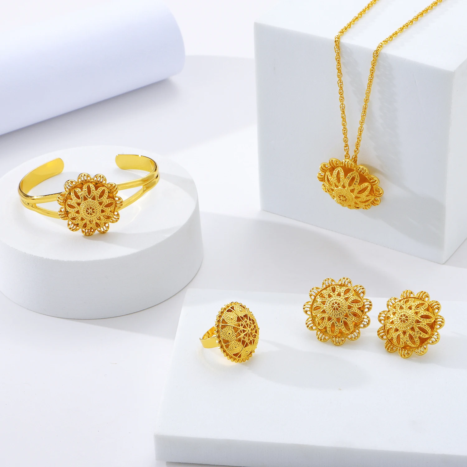 Ethlyn 4Pcs Dubai Blume Schmuck Sets Gold Halskette für Frauen Äthiopischen Hochzeit Afrikanische Braut Geschenke MY157