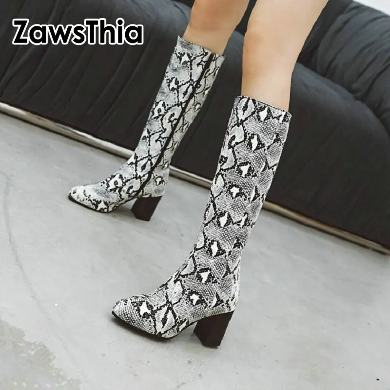 

ZawsThia 2020 winter snake skin print pattern sexy woman chunky high heels shoes zipper ladies knee high boots plus size 47 48