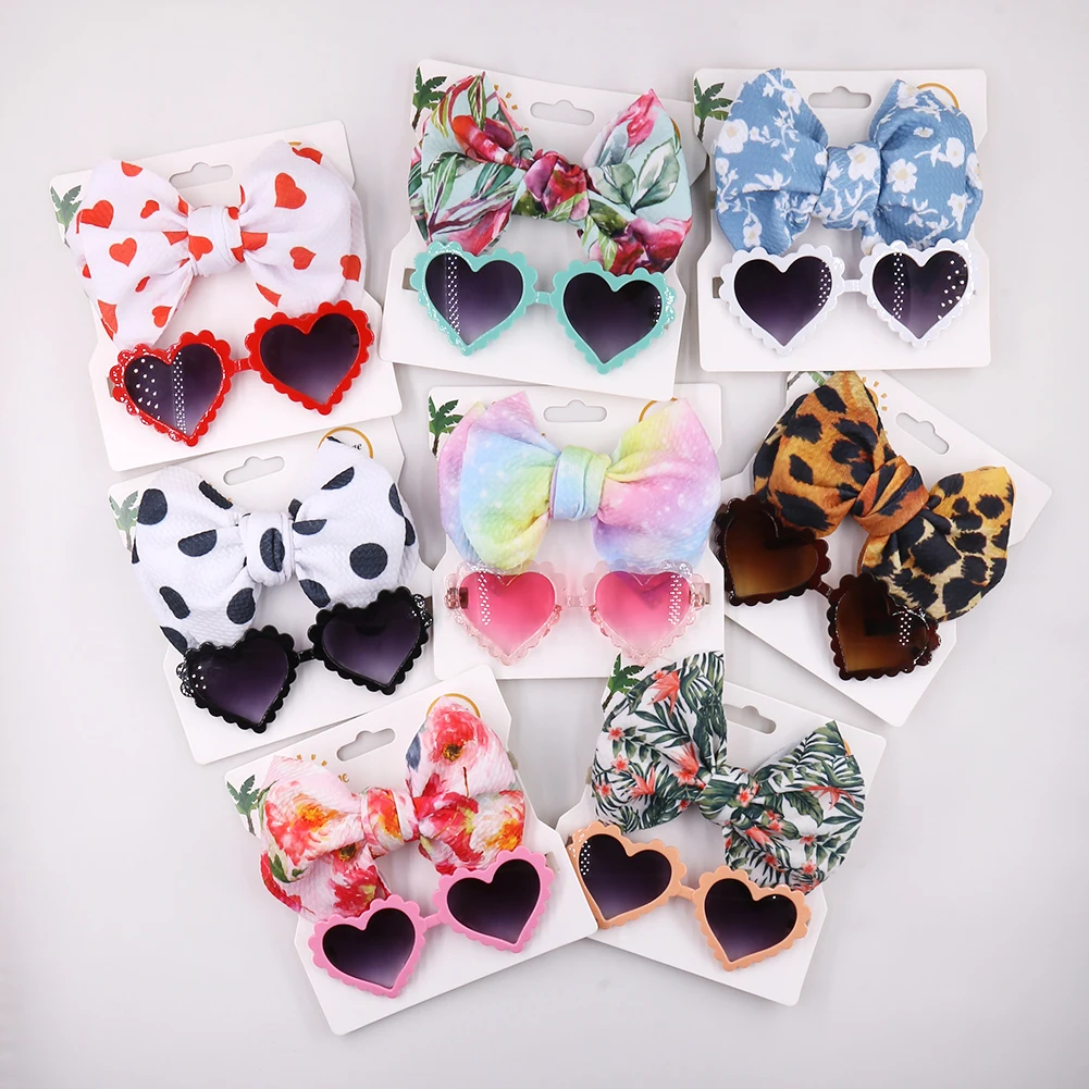 2Pcs/Set Leopard Dot Flower Print Headband Elastic Nylon Hair Band Heart Sunglasses Mental Eyeglasses Baby Boy Girls Headwear