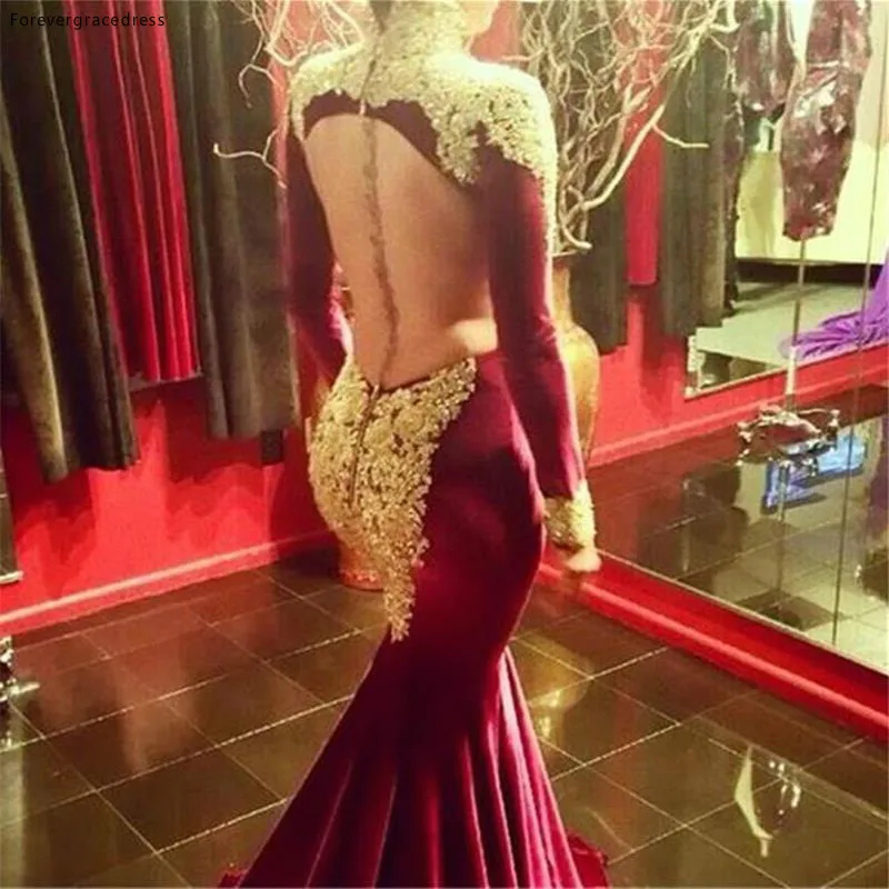 Vestido de fiesta rojo burdeos de manga larga, caftán Sexy Dubai, sin espalda, para ocasiones especiales