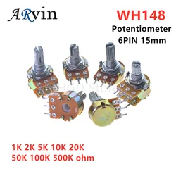 5pcs B1K B2K B5K B10K B20K B50K B100K B500K 6Pin Shaft WH148 Potentiometer 1K 2K 5K 10K 20K 50K 100K 500K