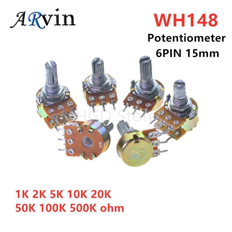 5pcs B1K B2K B5K B10K B20K B50K B100K B500K 6Pin Shaft WH148 Potentiometer 1K 2K 5K 10K 20K 50K 100K 500K