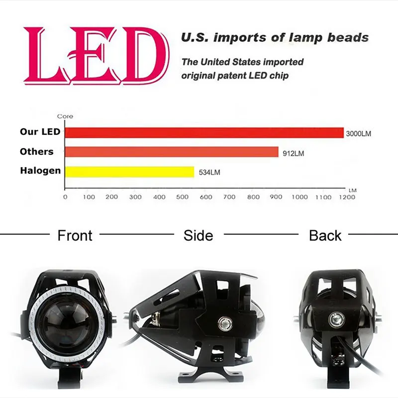 1/2PC 125W faro Moto Moto fendinebbia 3000LM Moto faretto U7 LED Moto guida auto nebbia Spot faro lampada DRL