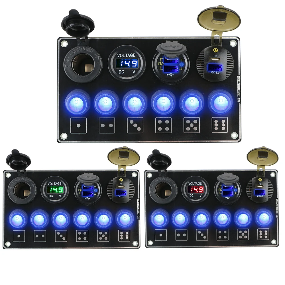 Panel de interruptor de camión de 12V y 24V con adaptador de corriente, cargadores USB PD QC3.0, voltaje LED, 6 botones, palanca de luz, accesorios para coche