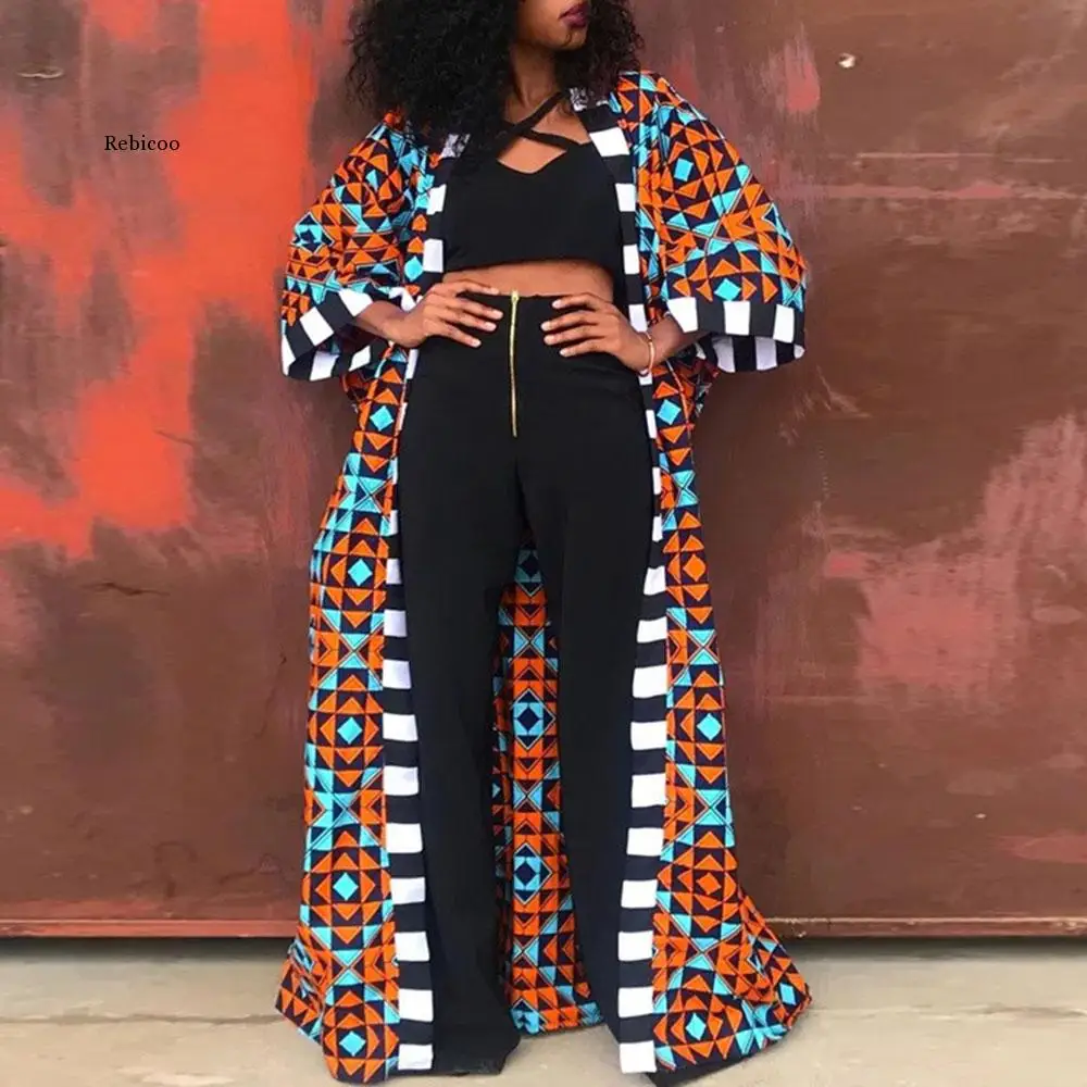 Women Long Trench Coat Fashion African Style Streetwear Oversized Cardigan Spring Fall Clothing Vintage Floral Print Outwear