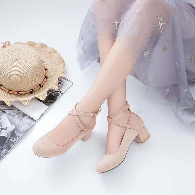 

Lolita shoes suede comfortable high-heeled student cross strap mid-heel shoes spring and autumn small fresh ladies shoes