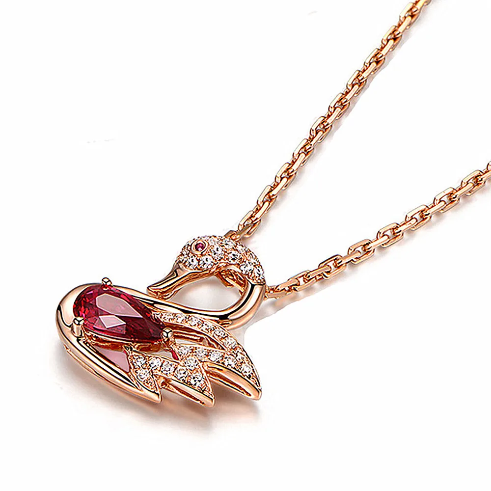 Classical rose gold swan red crystal ruby gemstones diamonds pendant necklaces for women jewelry choker bijoux gift accessories