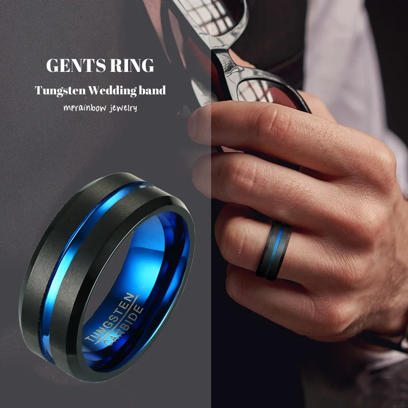 8MM BLACK TUNGSTEN GENTS PROMISE RING WITH BLUE CHANNEL GROOVES WEDDING BANDS