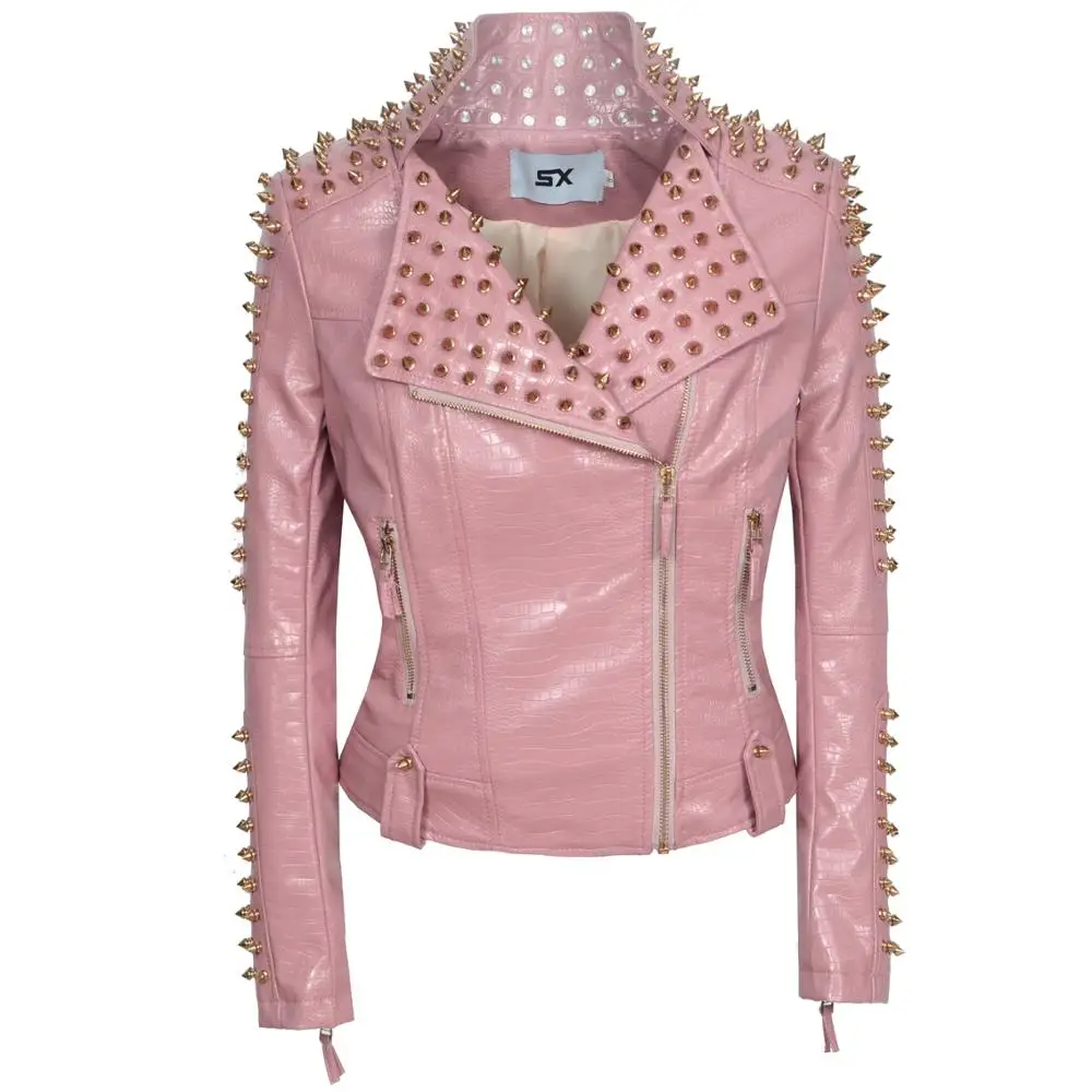 New Fashion casual women\'s long-sleeved Punk Rivet Coat Slim Fit Zipper PU Leather Studs Jacket Baseball Lapel Style Outerwear