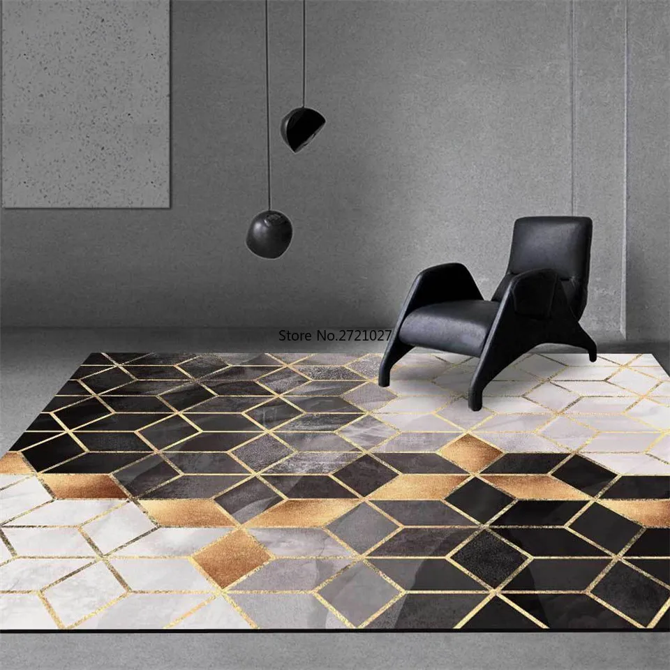 Nordic Black Gray Geometric Lattice Line Living Room Carpet Bathroom Non-slip Mat Furniture Chair Table Mat