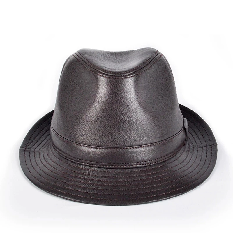 Man High Quality Genuine Leather Jazz Fedora Gentleman Cow Skin Short Brim Black/Brown Hip Pop Fitted Top Hat Male Shows Topper