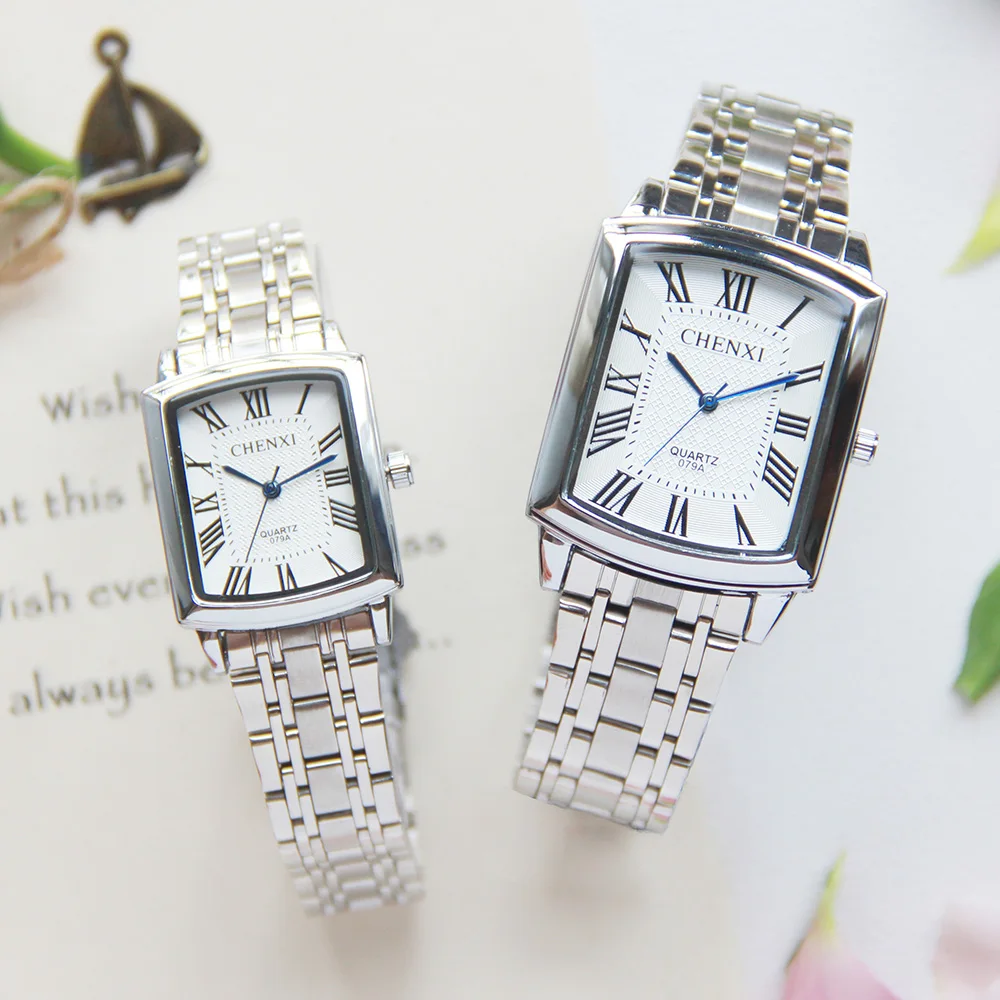 CHENXI Square Women Watch Roman Numeral Silver Stainless Steel Quartz Watches Men Lover\'s Lady Clock Retro Casual Couple