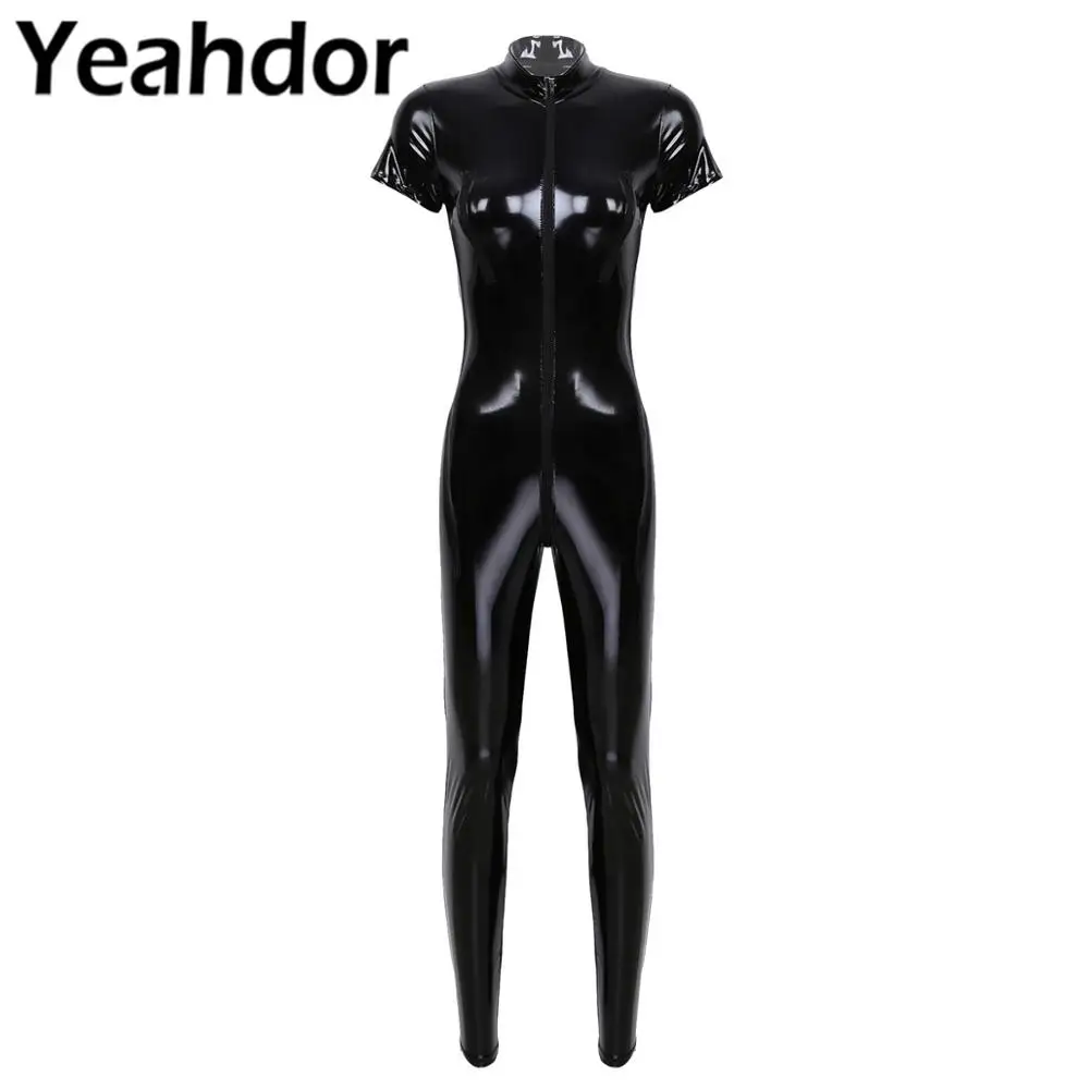 Women Jumpsuit One Piece Glossy Wetlook Patent Leather Stand Collar Cap Sleeves Zippered Bust Crotch Leotard Bodysuit Clubwear