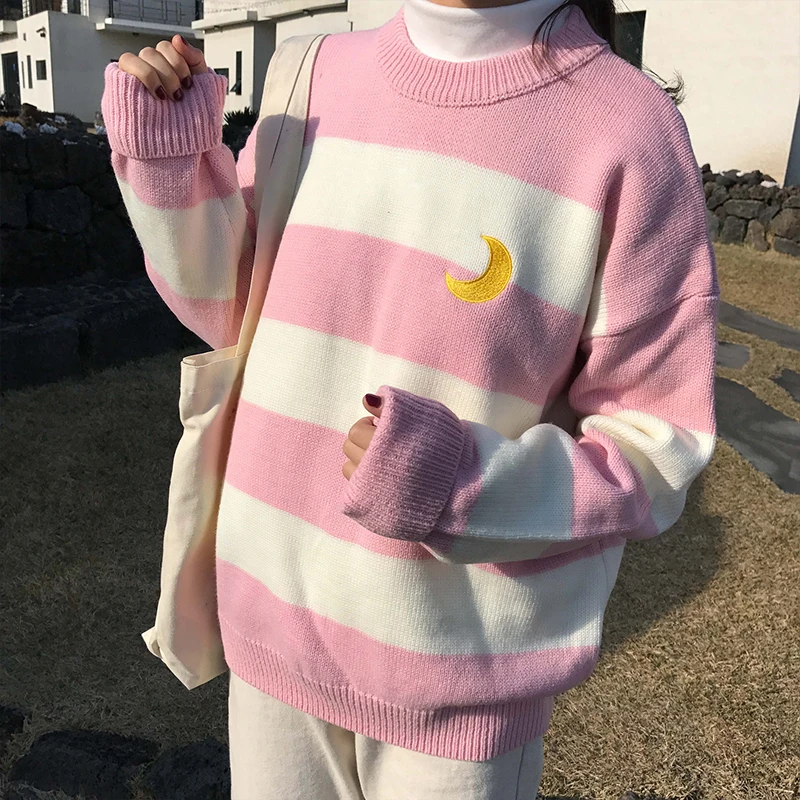 Women\'s Sweaters Kawaii Ulzzang College Wind Candy Contrast Striped Moon Sweater Female Korean Harajuku Clothing For Women