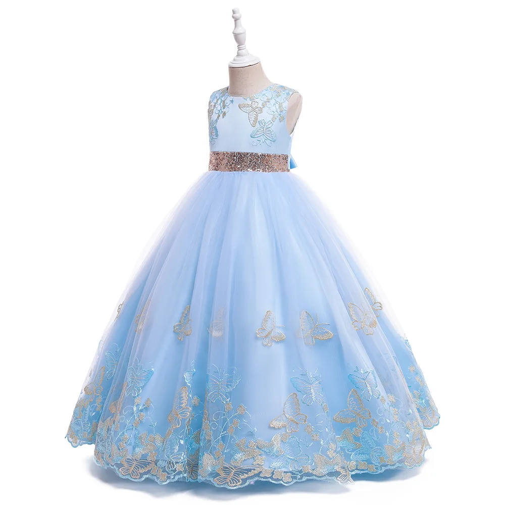 3-12Y Big girls Floor Length Sleeveless Dress Party Sequin Waist New Year Summer Dresses Party Ball Gown Vestidos Butterfly