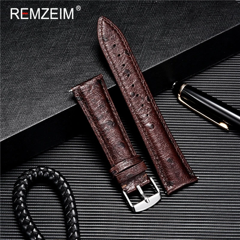 REMZEIM Ostrich Pattern Leather Quick Release Watch Band Strap Red Black Blue 18mm 20mm 22mm With Silver Stainless Steel Buckle