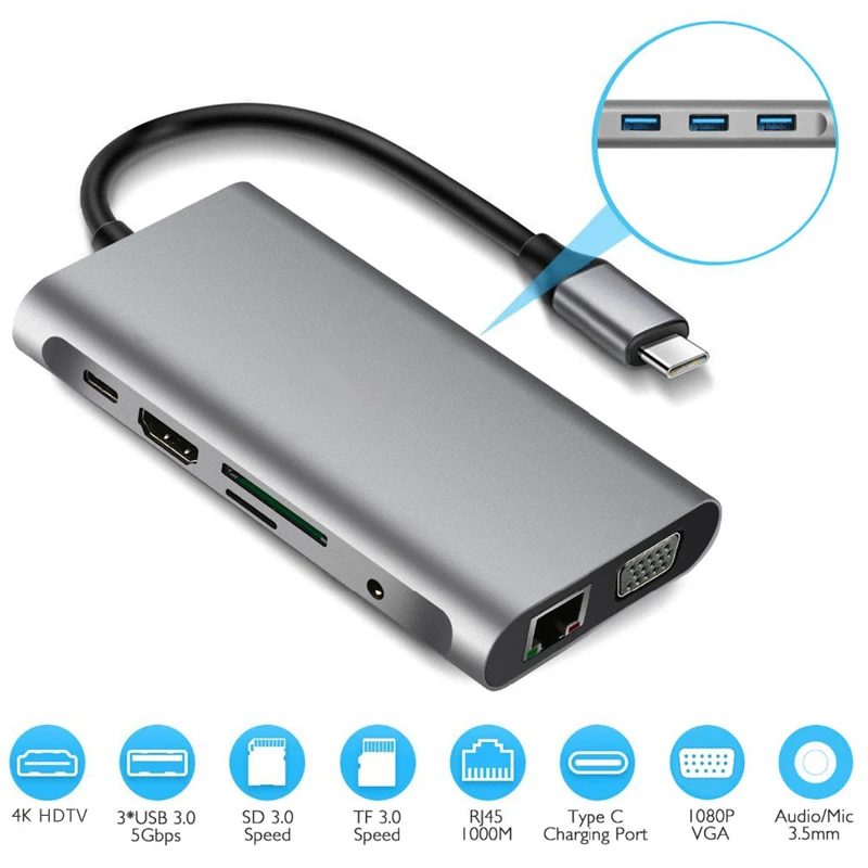 Rankman-Hub USB C a RJ45 Lan, 4K, HDMI, Compatible con VGA, USB 3,0, SD, TF, tipo C, PD, acoplamiento para MacBook, iPad, Samsung S23, Dex, TV, ordenador portátil