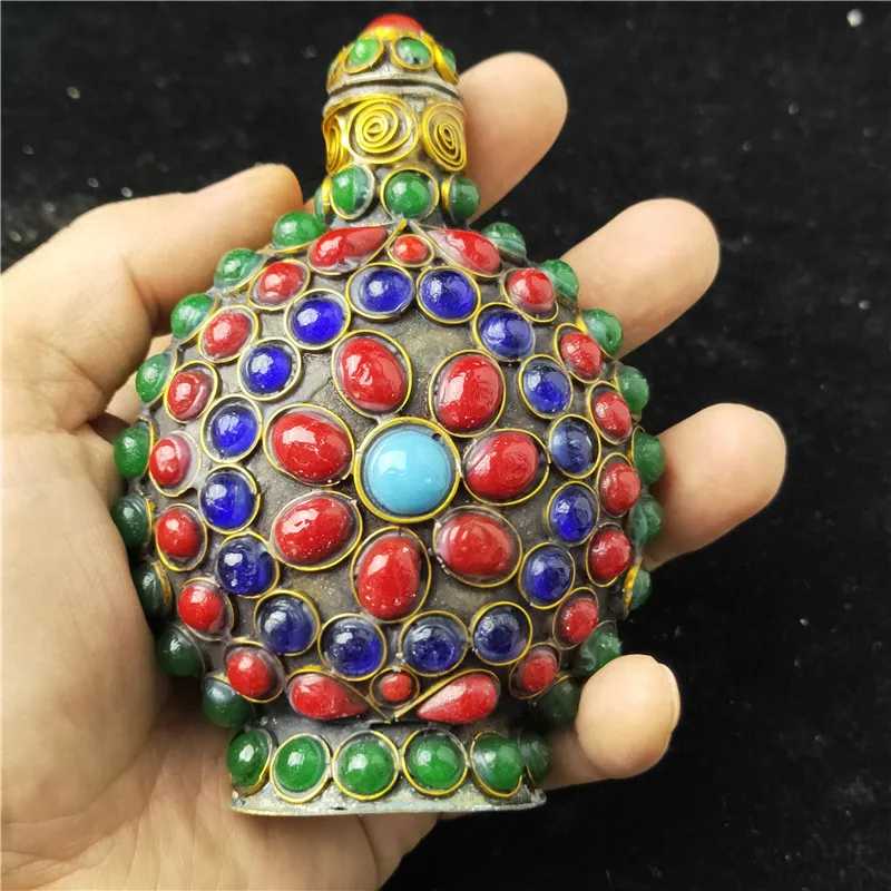 

China old Beijing old goods Bead-embedded turquoise copper snuff bottle 2