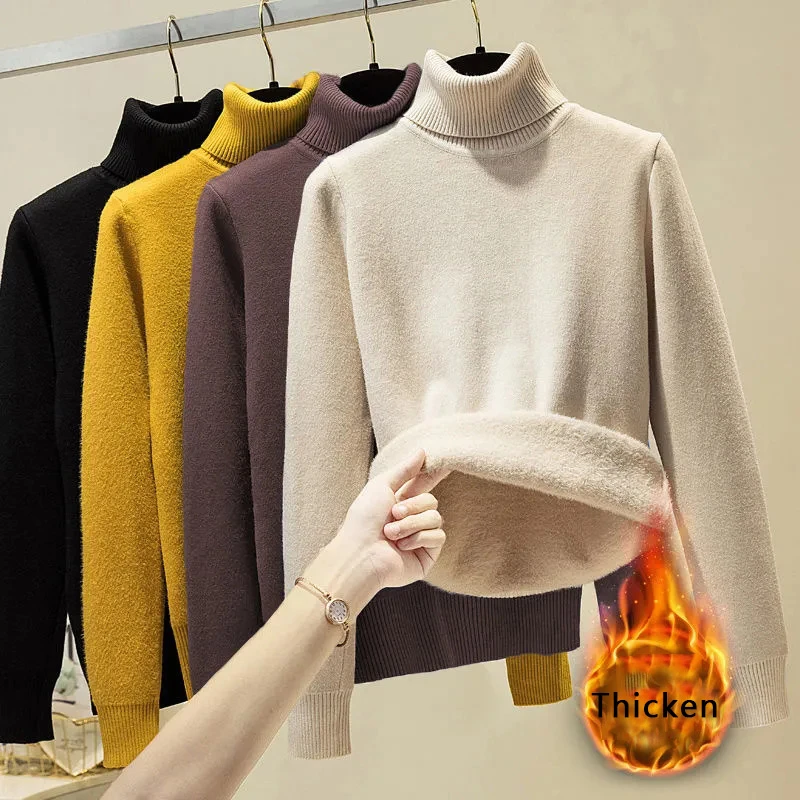 Women New Winter Warm Fluffy Velvet Sweater Korean Fashion Women Turtleneck Sweaters 2023 Elegant Knitted Pullovers Jumper Tops