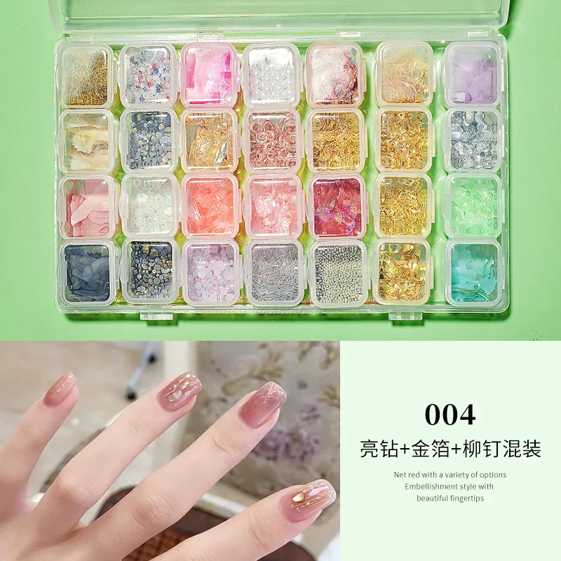 

1Box(28girds) Nail Art Rhiestones Mix-Size/Shapes Manicure Rhiestones Jewelry 3D Small Pearl/Rivet/shell Stones Decorations FSH