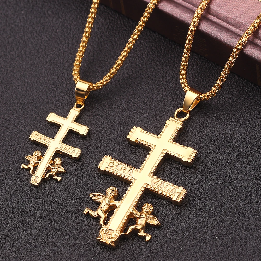 Gold Color Catholic Caravaca Crucifix Orthodox Cross Pendant Necklace Cherub Angel Best Christian Necklaces For Men Women