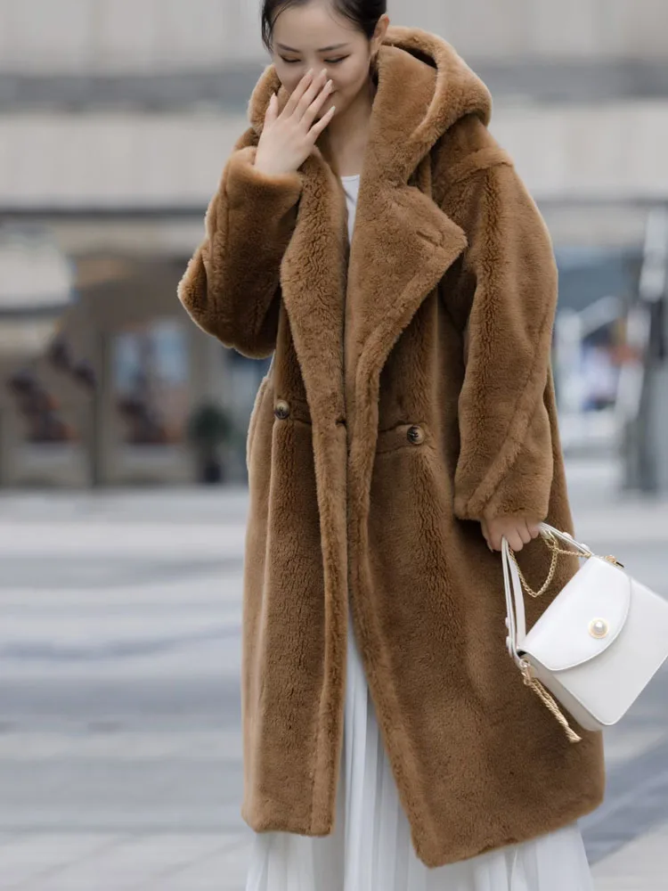 

Thick Warm Coat Women Winter Long Length Real Sheep Wool Jacket With Hooded Teddy Bear Style Female Clothes
