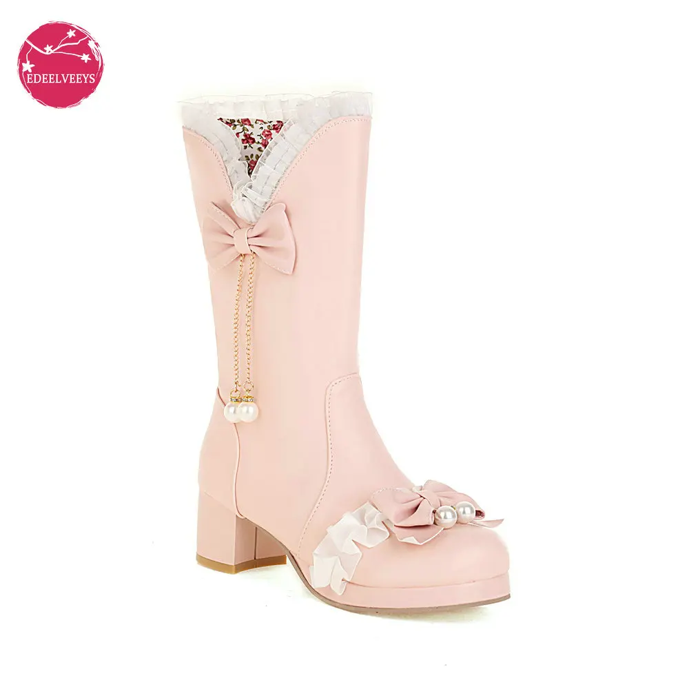 

Lolita Mid-Calf Boots Winter Warm Plush Inner Girls Cosplay Party Princess PU Leather Shoes Pearl Bowtie Chunky Heel Side Zipper