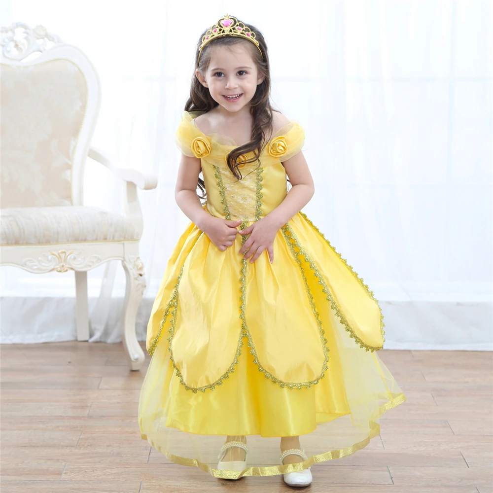 Criança menina belle vestido de beleza e besta halloween criança cosplay traje festa amarelo fofo concurso vestidos de fadas princesa peruca