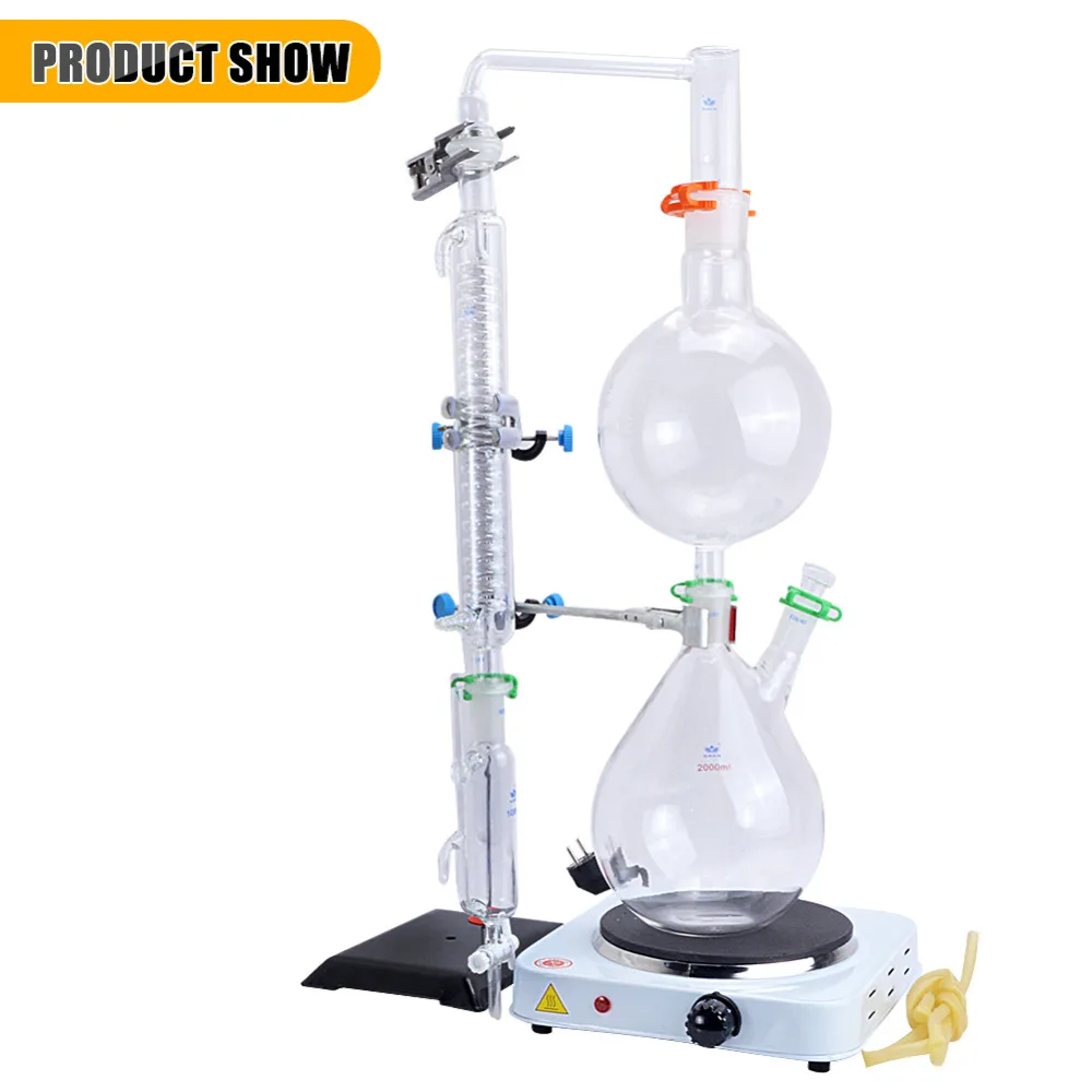 New 2000ml Lab Essential Oil Steam Distillation Apparatus Glassware Kits Water Distiller Purifier w/Hot Stove Graham Condenser