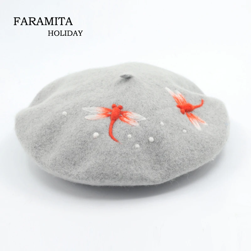 Faramita Holiday Dragonfly Handmade Women Manual Wool Felt Berets French Painting Hats Ladies Round Deret Headwear Round Cap Hat