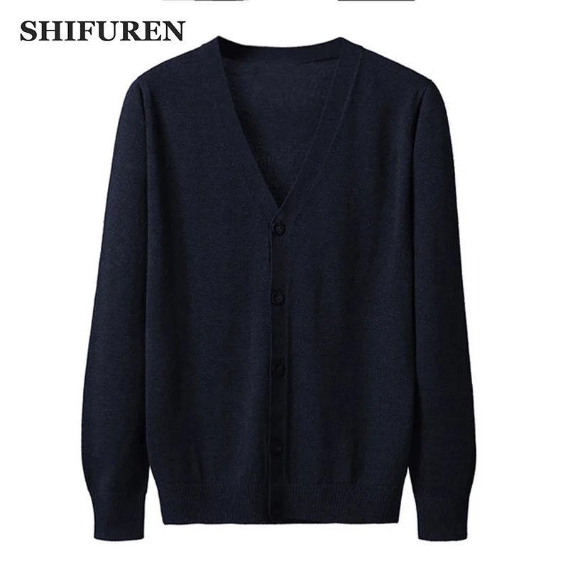 

SHIFUREN Men's Cardigan Sweaters 2019 Autumn Winter Pure Color Knitwear Solid Color Knitwear Male Causal V-Neck Cardigan Tops