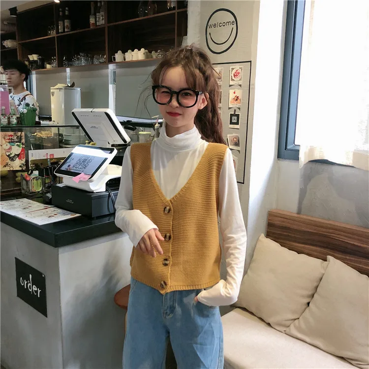 Vintage Sweater Vest Spring Autumn Winter V Neck Sleeveless Knitted Top Korean Ladies Girls Black White Green Red Yellow Vest