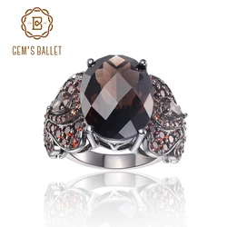 GEM'S BALLET 925 Sterling Silver Gemstone Cocktail Rings Special Design OCT Cutting Natural Smoky Quartz Ring For Women Party