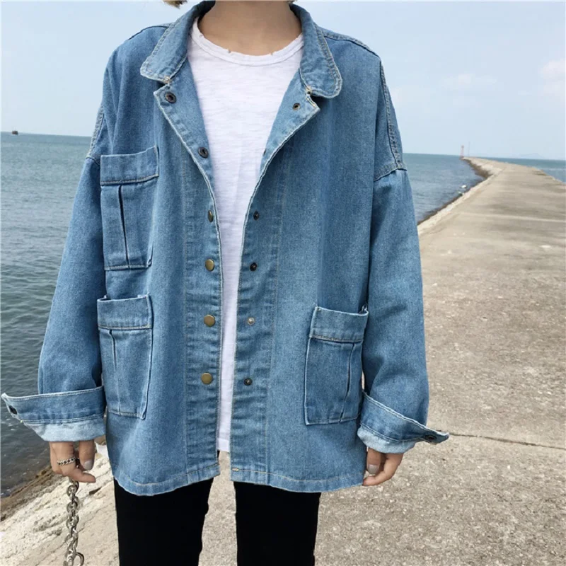 

Women's Vintage Long Sleeve Denim Jacket, Female Basic Coats, Casual Big Pocket Jackets, Loose Jeans, New, Spring Y063