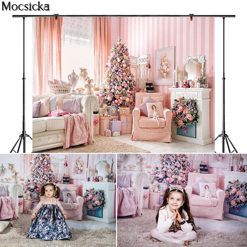 Christmas Photography Background Christmas Tree Gift Sofa Pink Backdrops Portrait Photocall Decorative Banner For Photo Studio