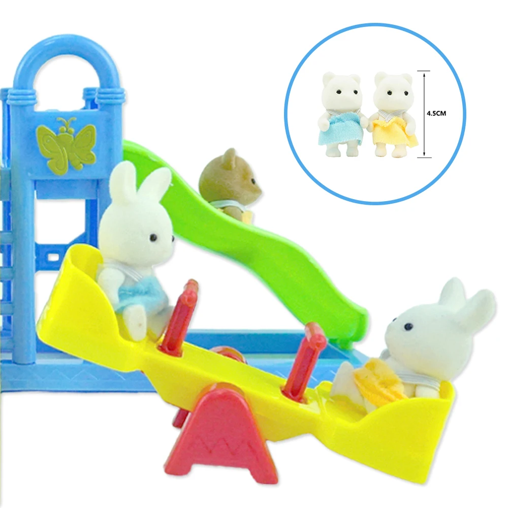 Forest Family Playground 1:12 Brown Bear Rabbit Panda Dollhouse Miniature Scene Slide Seesaw Swing Doll House Girl Toy Gift