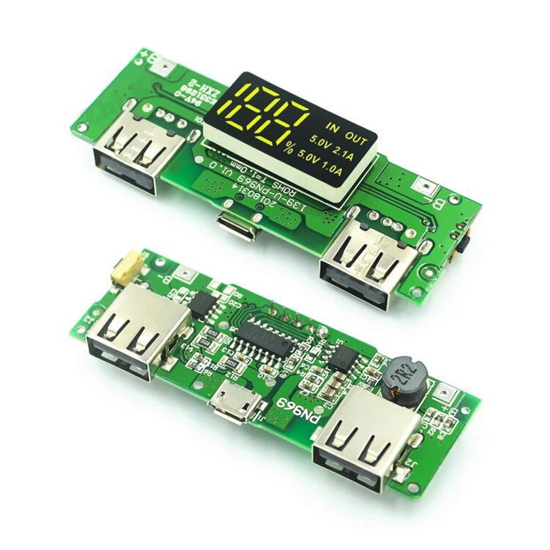 Proteção de circuito da placa do carregador da bateria do lítio, banco móvel do poder, LED, USB duplo, micro, tipo-C, 18650, 5V, 2.4A