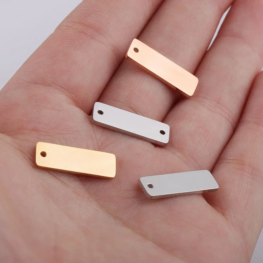 50pcs 6x18mm mirror polished stainless steel rectangular strip single hole double hole pendant small tag DIY necklace/bracelet