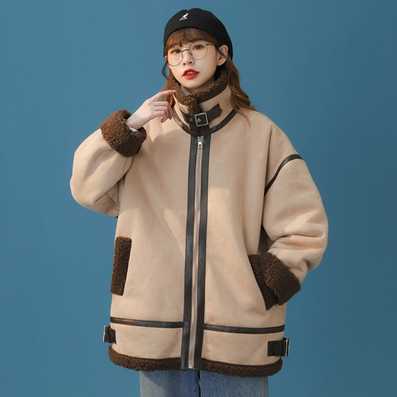 5XL fashion lamb wool cotton jacket female Thick casual coat cotton-padded jacket winter plus velvet padded jacketA758