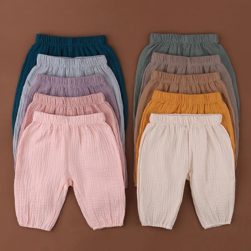 Baby Wrinkle Cotton Bloomers Solid Color Casual Eelastic Harem Long Pants Soft Loose Trousers for Toddler Kids 0-12Months