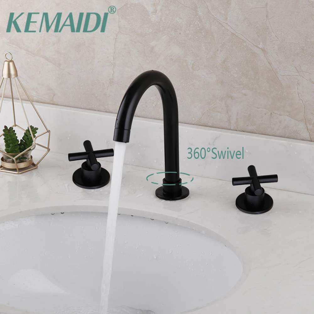 

KEMAIDI Matte Black Bathroom Bathtub Faucet 3 Pcs Set Dual Handles Basin Sink Water Mixer Tap Deck Mounted Hot Cold Mixer