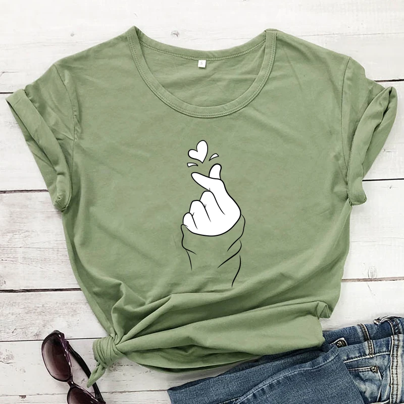 K-Pop 100% Cotton T-shirt High Quality Korean Finger Heart Graphic Tees Tops Funny Women Aesthetic Tumblr Hipster Tshirt Outfit