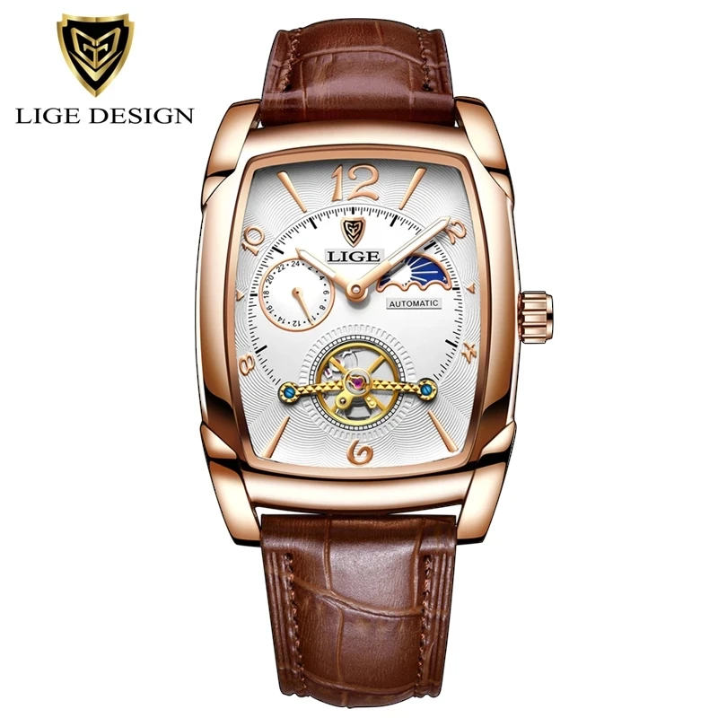 LIGE Top Brand Luxury Mens Watches Square Automatic Watch for Men Tourbillon Clock Genuine Leather Waterproof Mechanical Watch