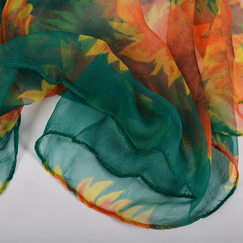 [BYSIFA] Orange Green Silk Scarf Winter Fashion Accessories Fall Brand Sunflower Women Long Scarves Ladies Thin Silk Scarf