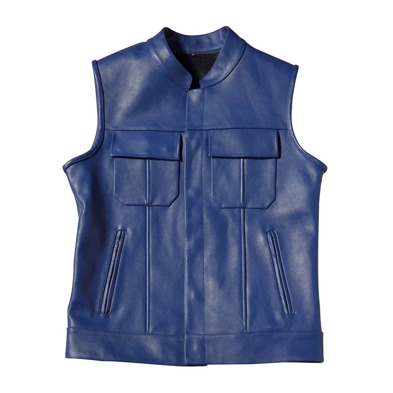 

SOA BONJEAN Motorcycle Biker Leather Vest Blue Zipper Pocket Mens Genuine Leather Sleeveless Jackets Cowhide Waistcoat M-2XL