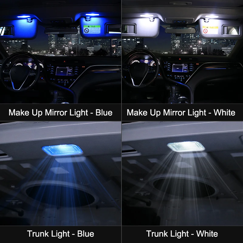 QHCP Car Rear Tail Trunk Box Lamp LED Make Up Mirror Light Car Makeup Mirror Lights Blue White Color Bulbs For Toyota Camry 2018