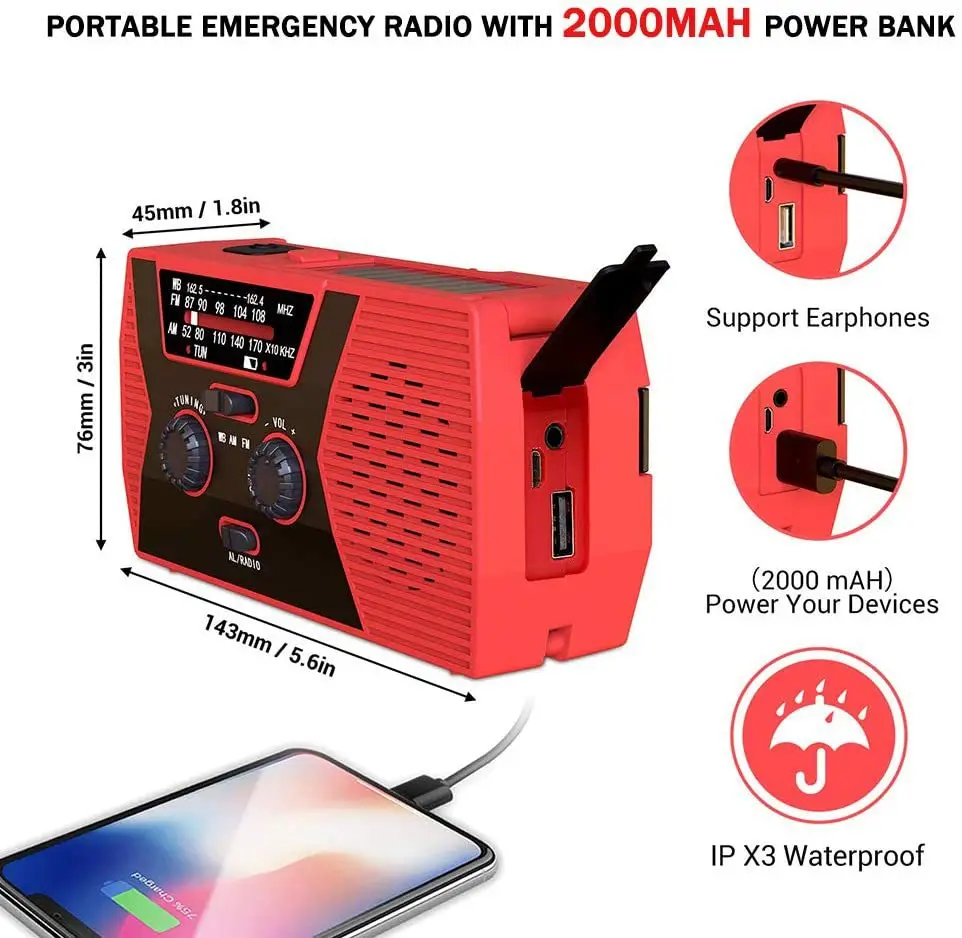 Multifunctional Radio Usb Hand-cranked Solar Battery 4 Charging Methods, AM / FM NOAA Radio with LED Light Power Bank Function