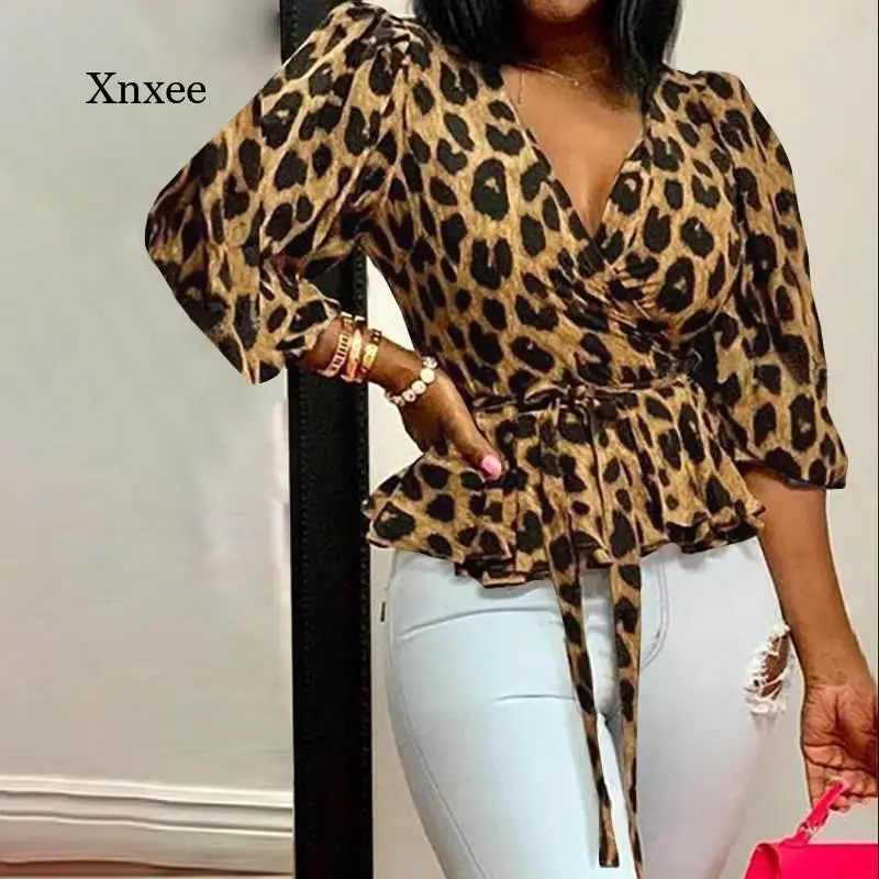 5Xl Women Leopard Print Blouses Belted Elegant Cross V Neck Ruffles Tops Fashion Office Tunic Shirt Sexy Casual Tee