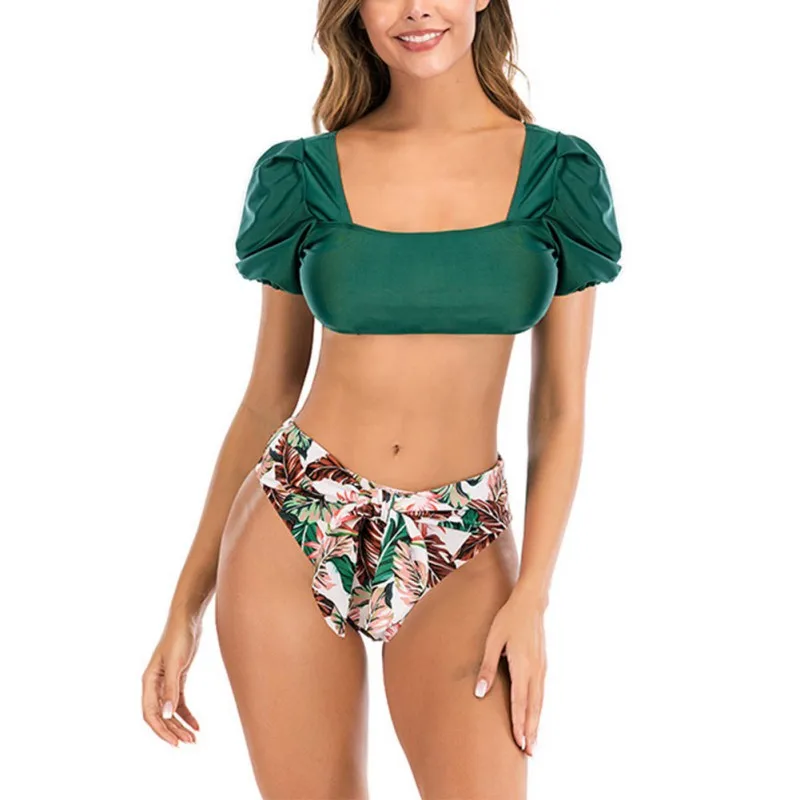 Sexy Puff sleeve Bikini Set 2021 Women Bandeau Swimwear Printed Swimsuit High Waist Bathing Suit Beachwear Biquini female